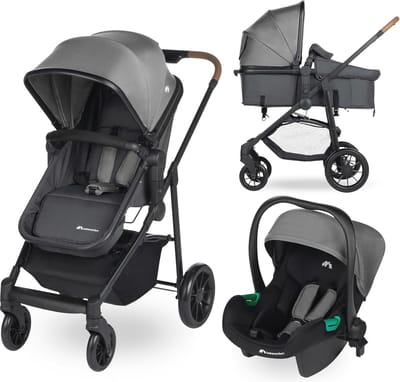 3-in-1 Reissysteem Kinderwagen voor Baby's, Max. 22 kg, Opvouwbaar & Omkeerbaar, i-Size Autostoeltje Inbegrepen