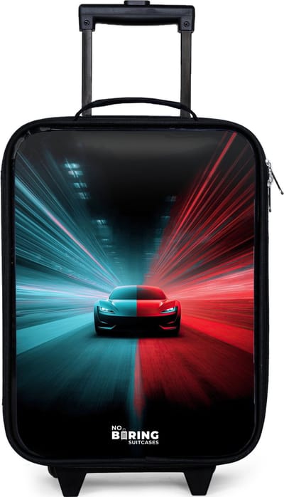 NoBoringSuitcases.com® - Kinderkoffer jongen - Kindertrolley meisje - Sportwagen - Lichtstralen - Neon - Blauw - Koffer kind lichtgewicht - Reiskoffer trolley voor kinderen - Koffertje met lichtgevende wieltjes - Rolkoffer zwart