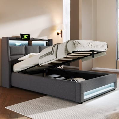 STILVORA Eenpersoonsbed 90x200 - Bedbodem Met USB En LED Verlichting - Gestoffeerd - Linnen - Grijs (Zonder matras)