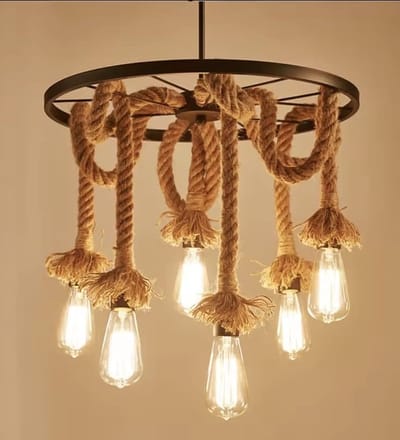 Industriële Wagenwiel Touw Hanglamp - 6-Lichts Kroonluchter - Natuurlijk Henneptouw & Zwart Metaal - Vintage Plafondlamp - Exclusief Lampen