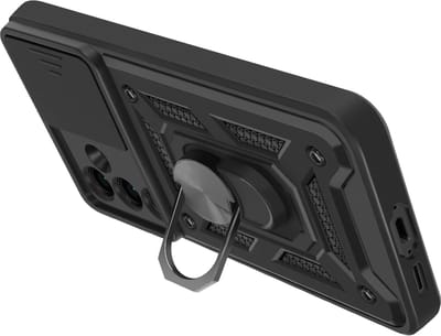 Mayaxess, Hoesje Geschikt voor Samsung Galaxy S24 FE Ring Ondersteuning Glijdende Camera Cover, Zwart