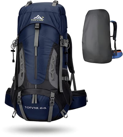 CarryQuest® 70L Hiking Rugzak - Waterdichte Backpack met Regenhoes, Rugventilatie, Front-/Toploader & Ademend Draagcomfort - Donkerblauw