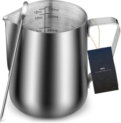 BOTC Melkopschuimkan met Latte Art-pen – 12oz - Roestvrijstalen melkopschuimbeker met maatmarkeringen - Zilver