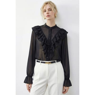 Fruizige Mandarijnkraag Lange Mouw Chiffon Shirt
