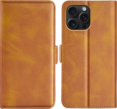 MobyDefend Hoesje - Geschikt voor iPhone 16 Pro - Luxe Wallet Book Case (Sluiting Zijkant) - Lichtbruin