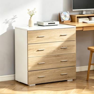 HAUSS SPOLE Dressoir - Opbergkast Met 4 Lades En Metaalgrepen - Voor Slaapkamer Woonkamer Hal Of Kantoor - Spaanplaat - 76x35x72 Cm - Wit Houtlook