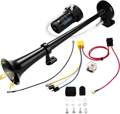TIM® Luchthoorn - Luchthoorn 12 Volt - Toeter - Luchthoorn Met Compressor - Scheepshoorn - Persluchthoorn – Gastoeter - Claxon - 150 db - Voor Auto, Vrachtwagen, Trein, Boot Etc - Zwart - 42cm x 12cm x 11cm