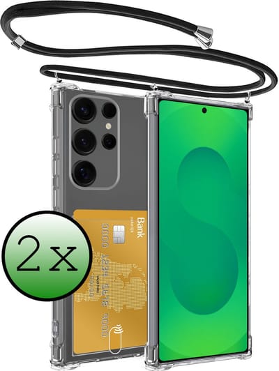 Hoes Geschikt voor Samsung S25 Ultra Hoesje Pas Houder Shock Proof Case Hoes Met Koord - Hoesje Geschikt voor Samsung Galaxy S25 Ultra Hoes Met Telefoonkoord Pasjeshouder Cover - Transparant - 2 Stuks