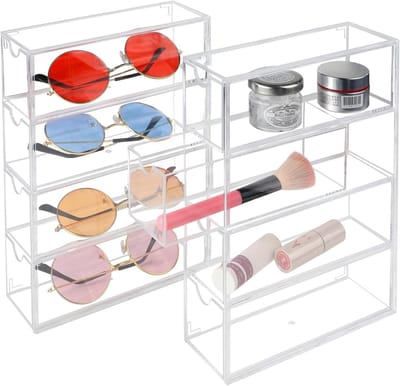 Transparante opbergdoos voor zonnebrillen en accessoires, stapelbaar met 8 laden, multifunctionele organizer voor brillen, horloges en sieraden