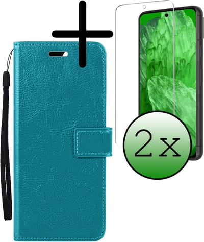 Hoesje Met 2x Screenprotector - Geschikt voor Google Pixel 8a - Luxe Pasjeshouder - Bookcase Portemonee - Flip Case - Kunstleer Book Case - Flipcase Hoes - Book Cover - Walletcase - Portemonneehoes - Turquoise