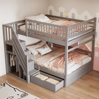 DESMIU Stapelbed 140x200cm Zonder Matras – Hoog Veiligheidsrek Met Opbergtrap – Met Laden Voor Opbergruimte – Voor Kinderkamer En Jeugd – Massief Hout – Grijs
