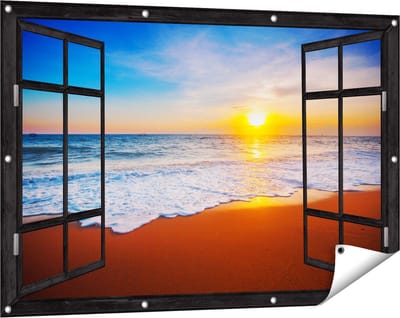 Gards Tuinposter Doorkijk Strand en Zee tijdens Zonsondergang - 120x80 cm - Tuindoek - Tuindecoratie - Wanddecoratie buiten - Tuinschilderij