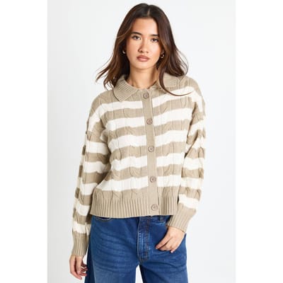 boohoo Dames Gestreepte kraaggebreide cardigan | Taupe | Maat: Small