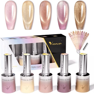Venalisa Glitter/ Cat Eye Gel - Platinum Reflective - UV/LED Gel - HEMA vrij - TPO Vrij - 10 ml - Glitter Gellak - Cat Eye Gellak - Cat Eye Magneet Gellak - Gellak Nagellak - Gel Polish | 5 x 10 ml