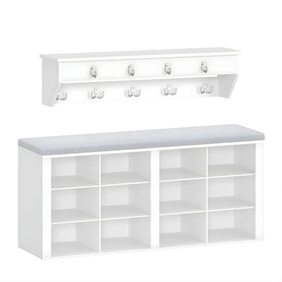 Kapstok met Bank – Voor Hal & Entree – Schoenbank met Zitgedeelte, Muurkapstok met 9 Haken – 30 x 104 x 49 cm – Wit/Grijs