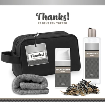 Geschenkset "Thanks! Je bent een topper" - 4 Producten - 400 Gram - Triomf Cosmetica | Toilettas Giftset voor hem Luxe cadeaubox man Douchegel Bodylotion Vader Wellness Pakket Cadeau set Bedankt Thank You Broer Vriend Collega Zilver