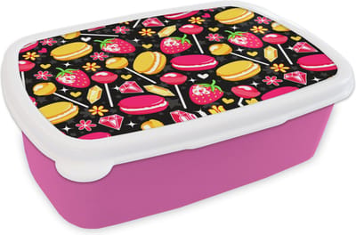 Broodtrommel Roze - Lunchbox - Brooddoos - Snoep - Patroon - Aardbei - 18x12x6 cm - Kinderen - Meisje