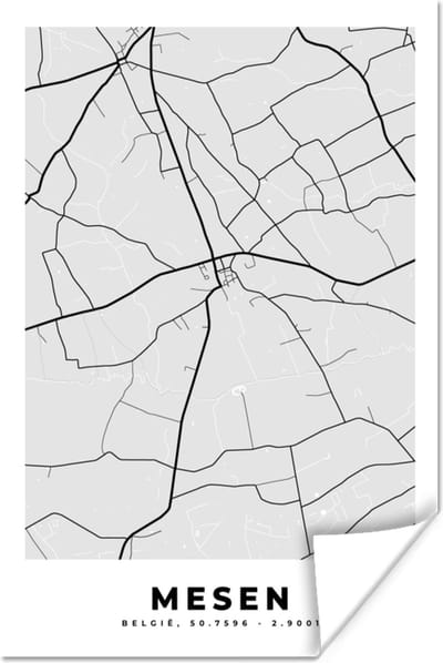 Poster België – Mesen – Stadskaart – Kaart – Zwart Wit – Plattegrond - 120x180 cm XXL