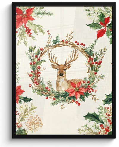 Poster in lijst - Fotolijst 60x80 cm - Posters - Kerstkrans - Hert - Hulst - Rood - Posterlijst zwart - Decoratie - Wanddecoratie woonkamer - Muurdecoratie slaapkamer - Kerstversiering - Kerstdecoratie voor binnen - Kerstmis