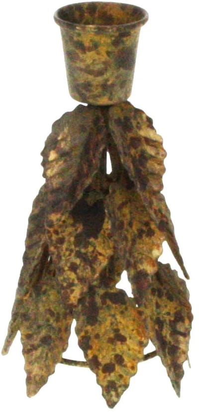 Kandelaar met bladeren metaal antiek goudkleur 12,5cm