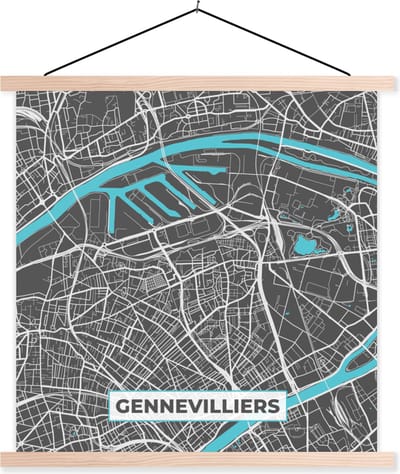 Posterhanger incl. Poster 40x40 cm - Schoolplaat - Gennevilliers - Frankrijk - Stadskaart - Kaart - Plattegrond - Textielposter - Blanke latten - Stadskaart