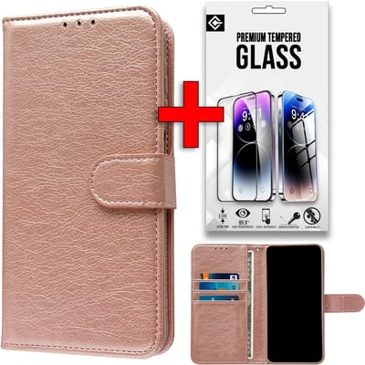 Casemania Hoesje & Glas Geschikt voor Apple iPhone 16e - Rosegoud - Portemonnee Book Case - Glazen Screenprotector