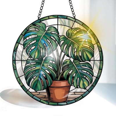 Kleurrijke Monstera Blad Glazen Zonvanger 20cm, Decoratief Raam Ornament met Ketting en Haak, Ideaal voor Woonkamer, Tuin of Balkon, Perfect als Cadeau Idee