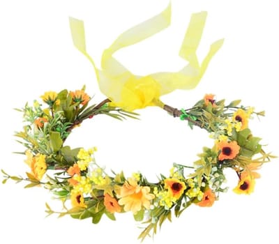 Bloemenkrans Bruiloft - Haarband Kunstbloemen - Feestelijk Accessoire - Verstelbare Pasvorm - 24 cm Breed - Geel