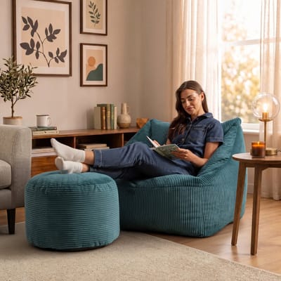 icon - Natalia XL Zitzak Fauteuil met Ronde Poef - Ribfluweel - Blauwgroen