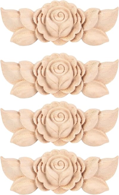 Set van 4 Houten Ornamenten van 9 x 3,5 cm voor Meubeldecoratie, Houten Bloemen voor Woonkamer en Interieurstyling