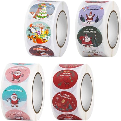 2000 Stuks Kerst Stickers op Rol, Ronde Zelfklevende Labels voor Cadeauverpakking en Kerstdecoraties, Feestelijke Stickers voor Kerstmis