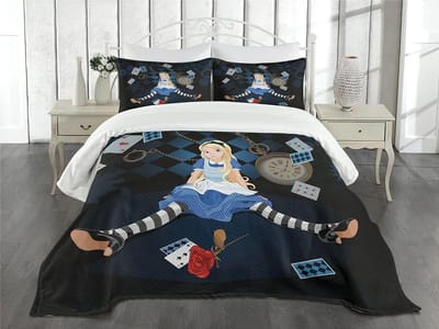 Parade Home Alice in Wonderland Beddenspreiset- 170x220cm unieke beddensprei en 75x50cm kussensloop- eenpersoons- Zwart, blauw- Bijzondere beddengoed- slaapkamer- spreien-wonen-slapen