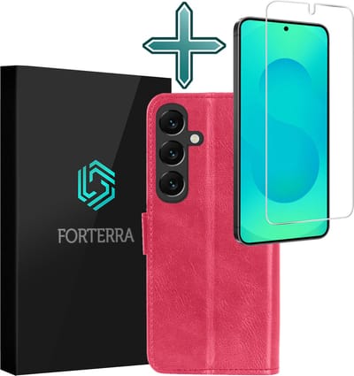 Hoesje Met Screenprotector - Geschikt voor Samsung Galaxy S25 - Luxe Pasjeshouder - Flipcase - Bookcase Portemonee - Flip Case - Kunstleer Book Case - Book Cover - Walletcase - Portemonneehoes - Donkerroze
