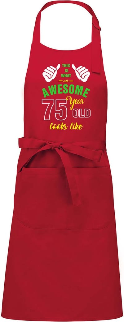 Leeftijd cadeau - Luxe keukenschort - BBQ schort - verjaardag - Awesome 75 jaar - rood