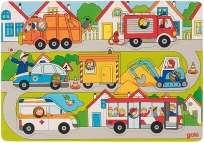 Puzzel: IN DE STRATEN 30x21x0,8cm, 7-delig, hout, met achtergrondtekeningen, 1+