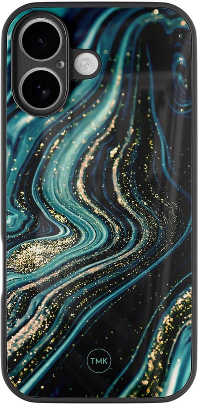 Hoesje geschikt voor Apple iPhone 16 - Blue marble waves - Blauw - TPU luxe case (glossy toplaag) - Marmer - Hardcase backcover zwart
