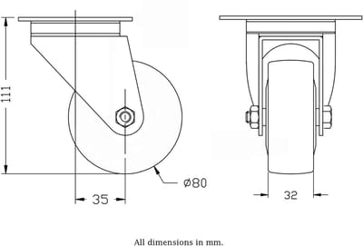 80 mm (3 inch) zwenkwiel met grijze rubberen band, robuust, draagvermogen 80 kg