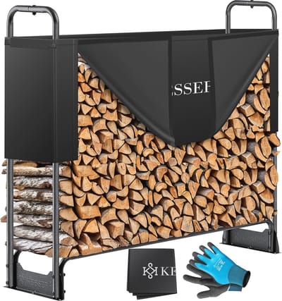 Robuuste Brandhoutrek voor Buiten - metaal, 130 x 36 x 117 cm, Waterdichte Houtopslag met Afdekking en Handschoenen