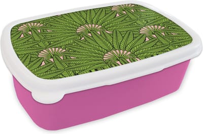 Broodtrommel Roze - Lunchbox - Brooddoos - Palmblad - Patronen - Jungle - Tropisch - 18x12x6 cm - Kinderen - Meisje