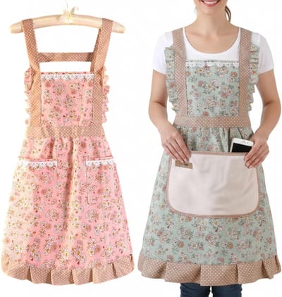 Verstelbaar keukenschort voor dames, 2 stuks, machinewasbaar, ideaal voor koken, bakken en tuinieren, groen en roze, 70 cm x 69 cm