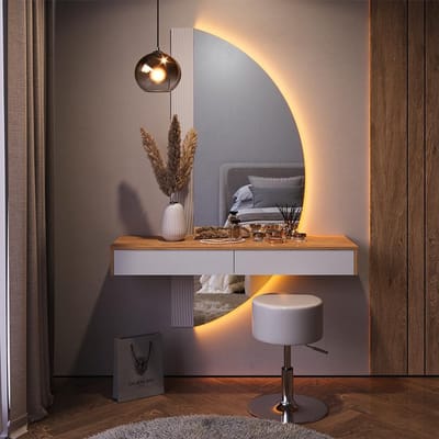 Make-up tafel met kruk, 120 cm, eiken/ wit, met LED verlichting – Kaptafel met 2 laden en draaibare stoel