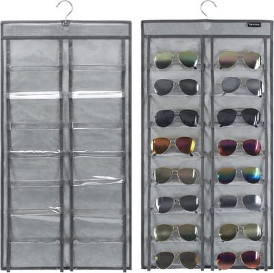 Zonnebril Organizer - Brillenrek Houder - Ruimtebesparend Opbergen - 16 Transparante Vakken - Over Deur Model - Grijs