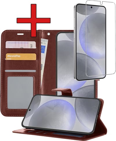 Hoesje - Met Screenprotector - Geschikt voor Samsung Galaxy S24 - Luxe Pasjeshouder - Flipcase - Bookcase Portemonee - Flip Case - Kunstleer Book Case - Book Cover - Walletcase - Portemonneehoes - Telefoonhoes - Bruin