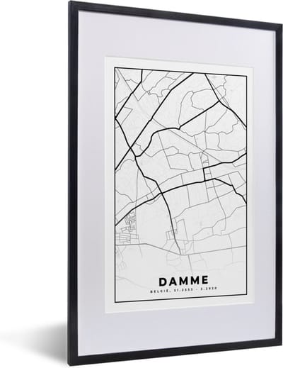 Fotolijst incl. Poster Zwart Wit- België – Damme – Stadskaart – Kaart – Zwart Wit – Plattegrond - 40x60 cm - Posterlijst