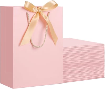 Cadeauzakken met Lint - Papieren Zakken - Feestelijke Geschenkverpakking - Stevig 230GSM Papier - 20x10x28cm Medium - Roze