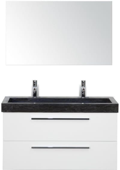Seville Badmeubelset 100 cm - Wit Hoogglans - Wastafel Hardsteen Wit Lucca 2 Kraangaten met Spiegel