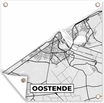 Tuin poster Kaart – Plattegrond – Stadskaart – Oostende – België – Zwart Wit - 200x200 cm - Tuindoek