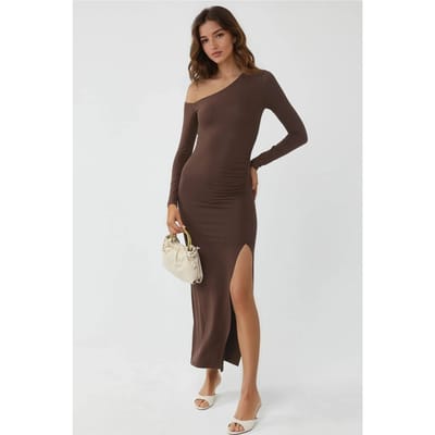 Asymmetrische Kraag Maxi-jurk met Scheur
