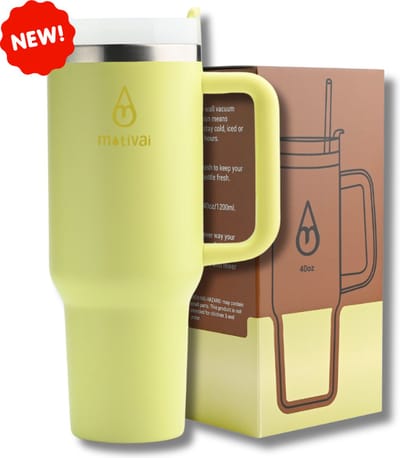 Motivai Tumbler - Geel - 40oz - Travel Cup - RVS Thermosbeker met Handvat en Rietje - Drinkbeker To Go - 1.2 Liter - Koffiebeker - Travel Mug - Thermosbeker - Thermosfles - Thermoskan