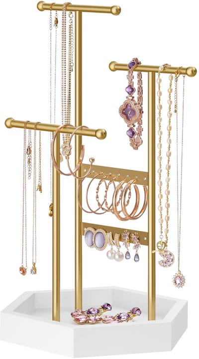 Unyqoos ® Sieradenstandaard voor Elegante Organisatie van Oorbellen, Halskettingen en Armbanden in Goud en Wit